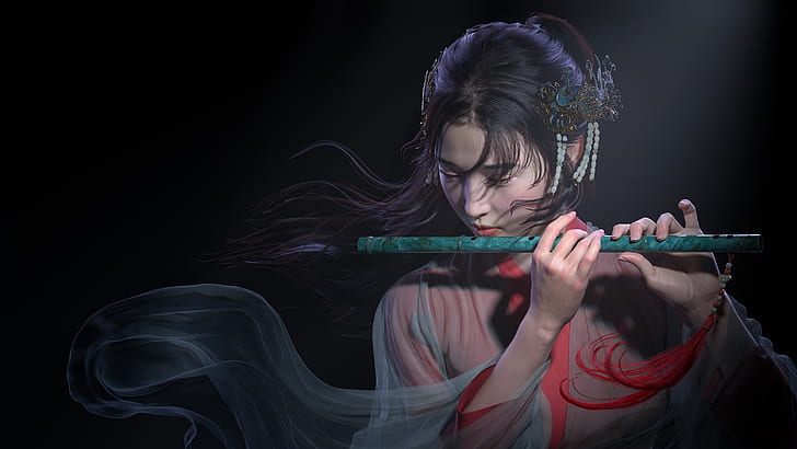สาวศิลปะขลุ่ยนักดนตรี Qi Sheng Luo, วอลล์เปเปอร์ HD