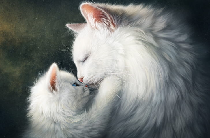 Artistic, Painting, Baby Animal, Cat, Cute, Kitten, Love, White, HD wallpaper