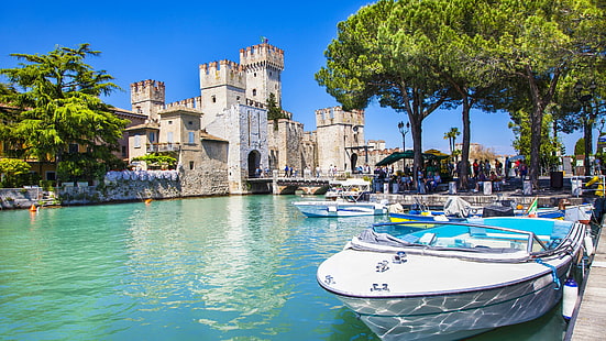 summer, fort, fortress, castle, lombardy, medieval castle, vacation, europe, italy, sirmione, waterway, lake, motorboat, tourist attraction, leisure, boat, tourism, tree, sky, lake garda, HD wallpaper HD wallpaper