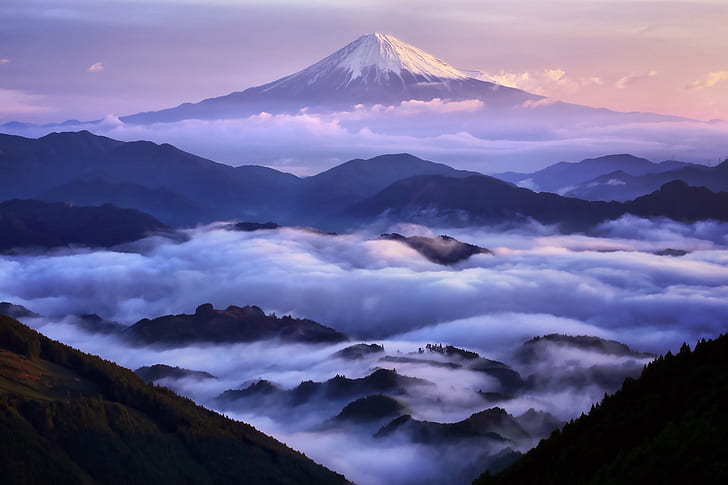 Япония, мъгла, облаци, връх Фуджи, HD тапет