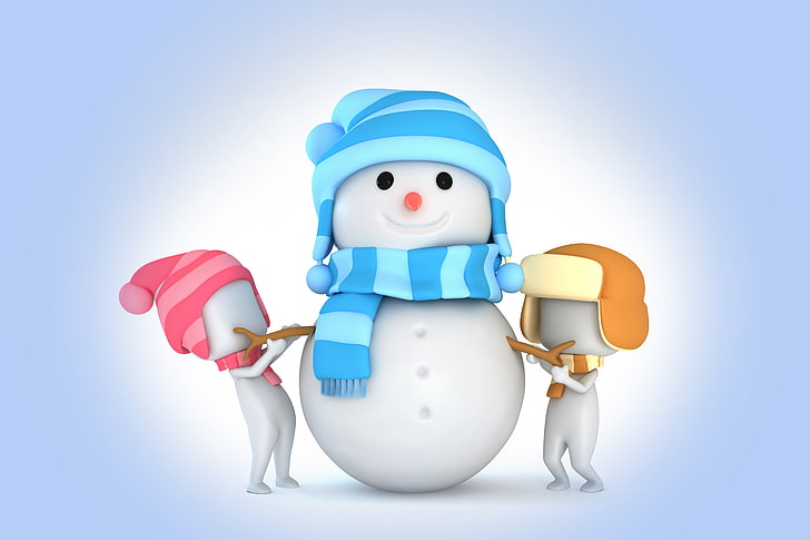vit snögubbeillustration, rendering, snögubbe, jul, nyår, vinter, snö, söt, barn, HD tapet