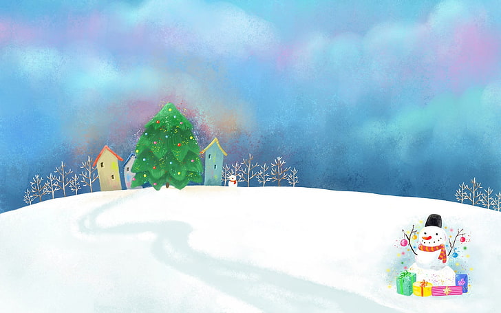 Ilustración de muñeco de nieve en el campo, nubes, nieve, decoración, figura, la nieve, regalos, casas, muñeco de nieve, árbol, camino, Fondo de pantalla HD
