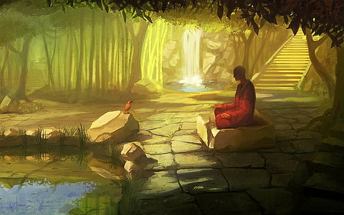 монах сидит перед птицей на камне возле водоема обои, медитация, монахи, произведение искусства, HD обои HD wallpaper