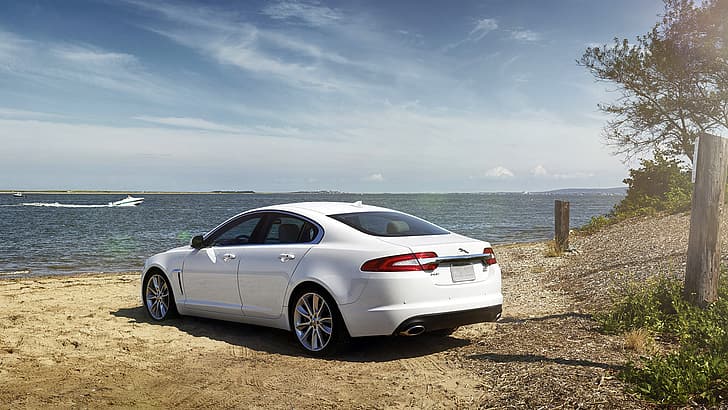 Jaguar, il sole, il mare, la macchina, il desktop, l'auto, il bello, il sole, il bianco, s, AWD, Sfondo HD