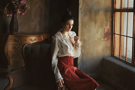 pose, modelo, falda, silla, ventana, blusa, peinado, Alla Berger, Anastasia Barmina, Fondo de pantalla HD HD wallpaper