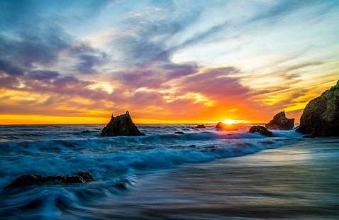amanecer, mar, naturaleza, playa, Fondo de pantalla HD HD wallpaper