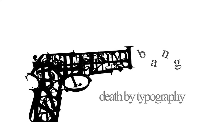 черен пистолет смърт от типография илюстрация, типография, черно, бяло, минимализъм, бял фон, пистолет, прост фон, HD тапет