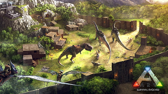 портал, лес, ворота, копье, лезвия, оружие, ARK Survival Evolved, динозавры, доисторические животные, базовая передовая база, базовые операции, HD обои HD wallpaper