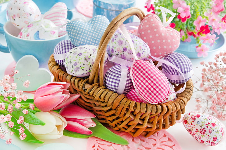 flowers, basket, spring, Easter, hearts, tulips, happy, heart, eggs, delicate, decoration, pastel, HD wallpaper