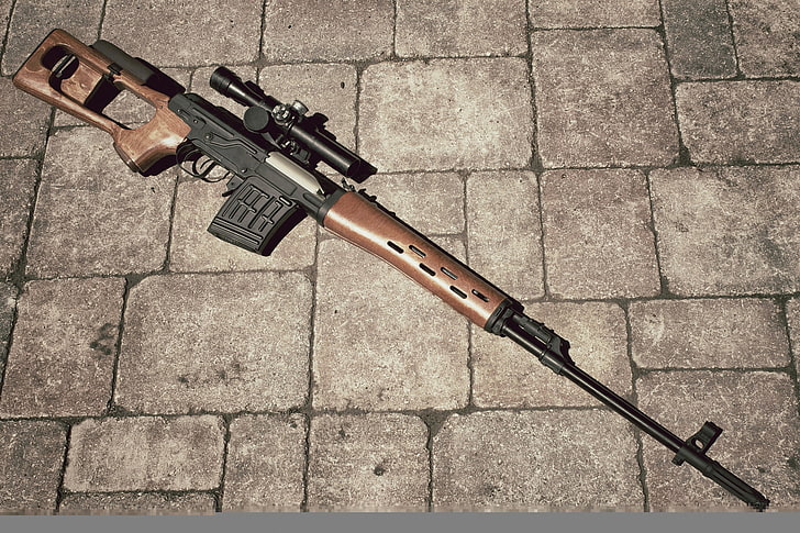 brown and black sniper rifle, sight, rifle, sniper, Dragunov, HD wallpaper