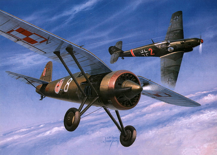 เครื่องบินขับไล่สีดำและสีเทาท้องฟ้ารูปเครื่องบินรบศิลปะเยอรมันอุตลุดเครื่องบินรบ monoplane เครื่องยนต์เดียว WW2 โปแลนด์ PZL P.11 Messerschmitt Bf.109d-1, วอลล์เปเปอร์ HD