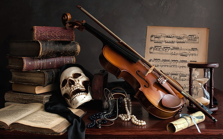 notas musicais, caveira, livros, instrumento musical, violino, HD papel de parede