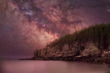 Млечный путь, природа, 4к, HD, звёзды, небо, деревья, скалы, море, мечтательный, HD обои HD wallpaper