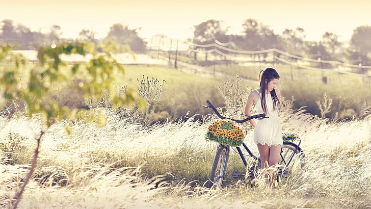 nature, bicycle, model, women with bicycles, women outdoors, HD wallpaper
