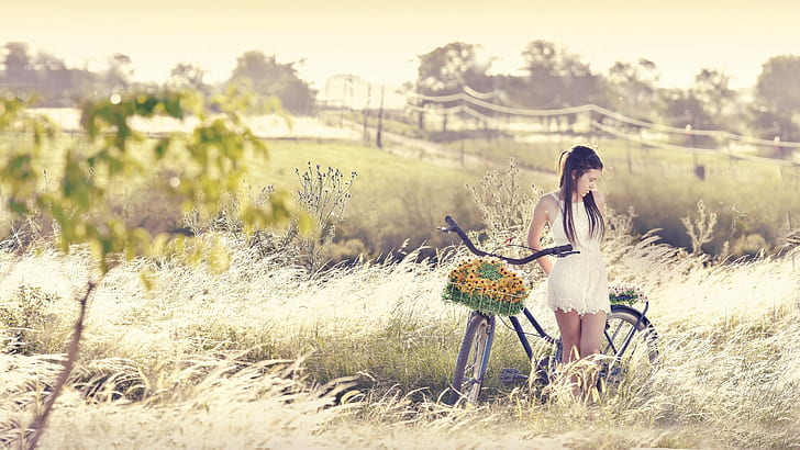 women outdoors, women with bicycles, model, nature, bicycle, HD wallpaper