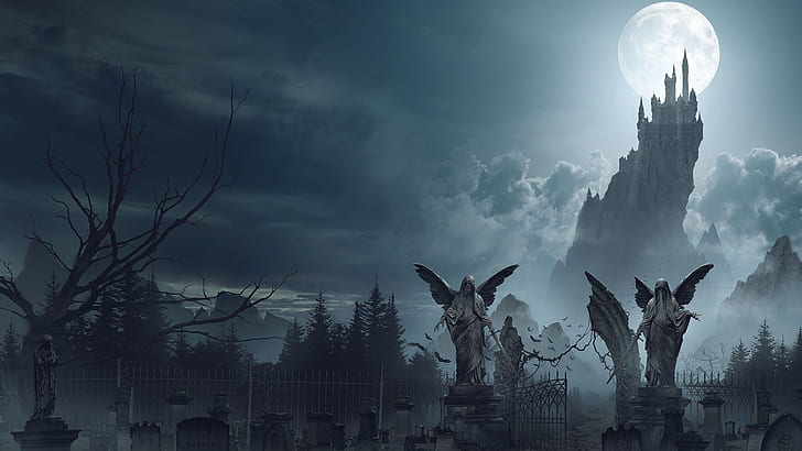 la luna, el cementerio, el castillo de Drácula, el castillo de Drácula, Ian Llanas, Fondo de pantalla HD