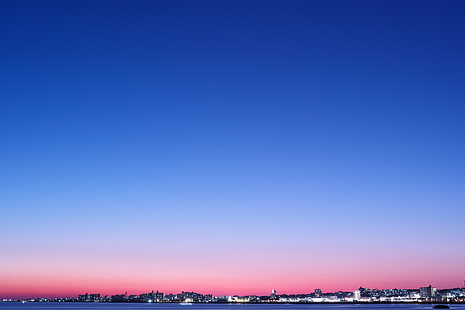 céu azul claro sobre a cidade, gradação, 35mm, pôr do sol, crepúsculo, crepúsculo, cidade do céu, cidade, parque do mar, japão, sigma, f1.4, noite, SD1, arte, mar, azul, paisagem urbana, urbano Skyline, HD papel de parede HD wallpaper