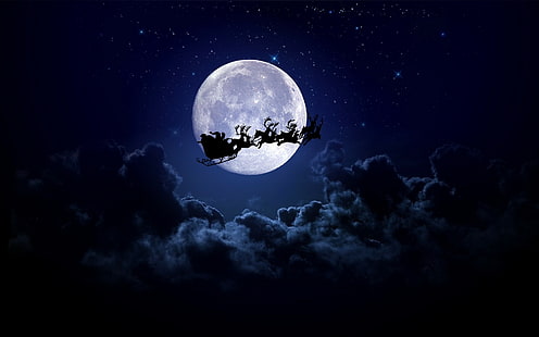 Луна, северни елени, облаци, коледни шейни, Коледа, Дядо Коледа, Дядо Коледа, HD тапет HD wallpaper