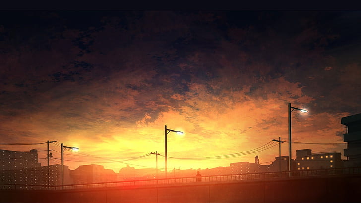 krajobraz anime, sceniczny, zachód słońca, niebo, chmury, ulica, anime, Tapety HD