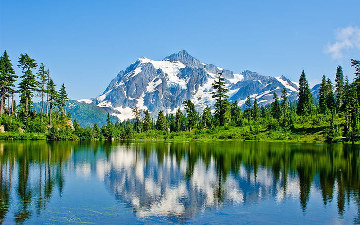 Gunung, salju, danau, pohon, refleksi air, Pegunungan, Salju, Danau, Pohon, Air, Refleksi, Wallpaper HD