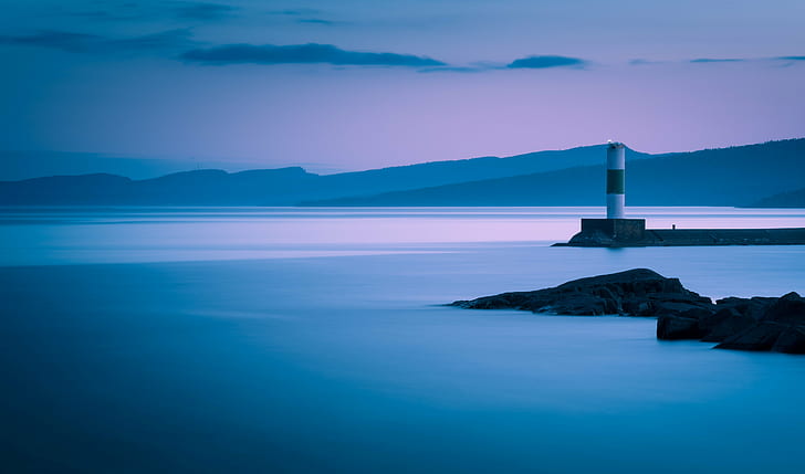 white and gray lighthouse on gray platform in the middle of body of water during dusk, grand marais, minnesota, grand marais, minnesota, Coastline, Grand Marais, Minnesota, white, gray, lighthouse, platform, middle, body of water, dusk, long exposure, nd filter, hoya, rocks, breakwater, sea, nature, landscape, water, blue, no People, HD wallpaper