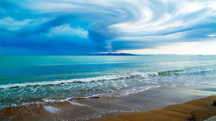 sea, clouds, beach, waves, HD wallpaper