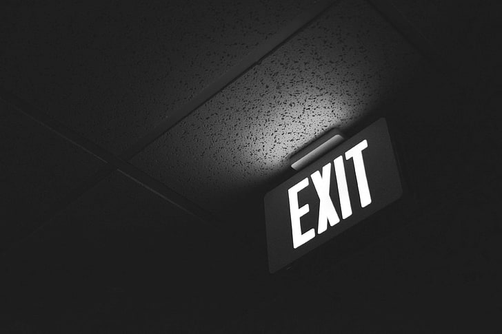black and white, ceiling, exit, glowing, light, neon, office, sign, HD wallpaper