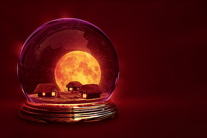 full moon and houses water globe, winter, snow, background, holiday, Wallpaper, the moon, new year, ball, tale, houses, house, widescreen, full screen, HD wallpapers, chrismas, HD wallpaper