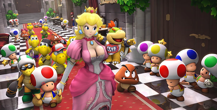 Super Mario karaktärer illustration, Princess Peach, Super Mario, videospel, render, Peach, Toad (karaktär), Nintendo, Goomba, Koopa, HD tapet