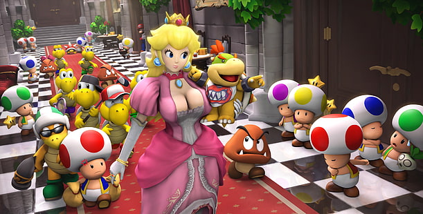 Illustration de personnages de Super Mario, Princesse Peach, Super Mario, jeux vidéo, rendu, Peach, Crapaud (personnage), Nintendo, Goomba, Koopa, Fond d'écran HD HD wallpaper