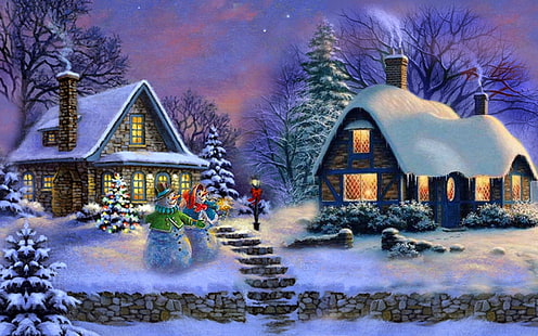芸術、絵画、クリスマス、家、雪だるま、ツリー、 HDデスクトップの壁紙 HD wallpaper