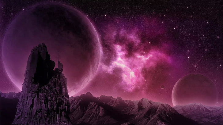 lila planet, berge, nebel, felsen, planet, rosa, HD-Hintergrundbild