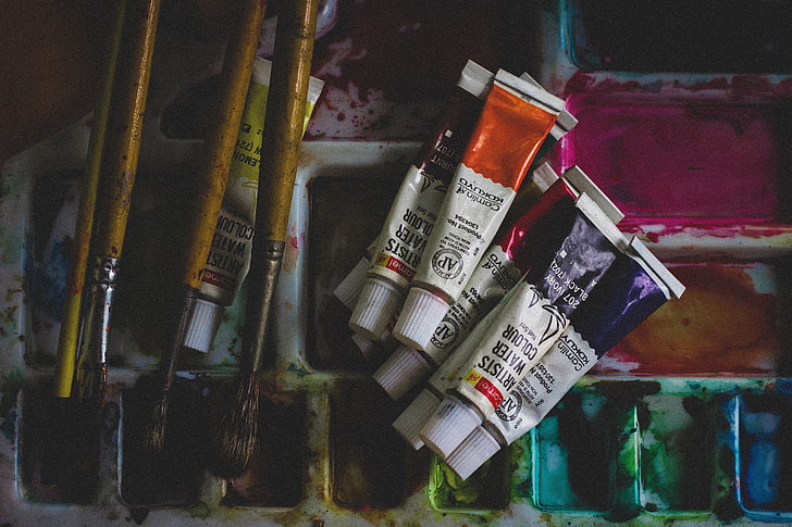 paint, acrylic, tubes, colorful, artistic, brushes, HD wallpaper