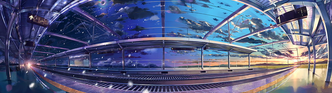 Foto panorámica del edificio, estación de tren, pantalla múltiple, Fondo de pantalla HD HD wallpaper