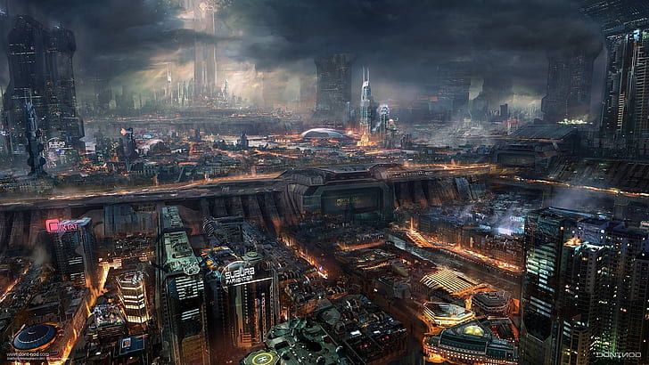 metrópoli, paisaje urbano, ciudad, cyberpunk, ciencia ficción, horizonte, noche, futurista, ciencia ficción, ciencia ficción, centro de la ciudad, Fondo de pantalla HD