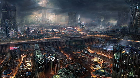 metrópole, paisagem urbana, cidade, cyberpunk, ficção científica, linha do horizonte, noite, futurista, ficção científica, ficção científica, centro da cidade, HD papel de parede HD wallpaper
