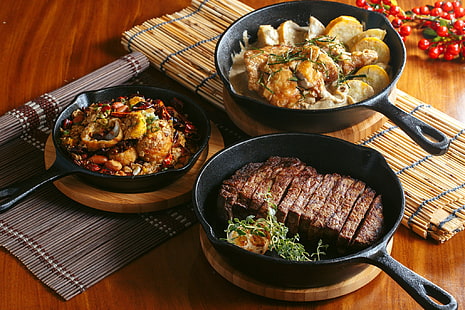  food, meat, potatoes, Pan (Cooking), HD wallpaper HD wallpaper