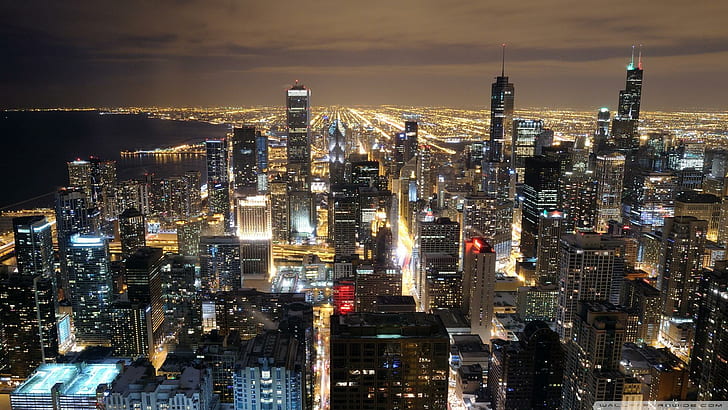 Красив Чикаго Skyline през нощта, светлини, град, езеро, небостъргачи, природа и пейзажи, HD тапет