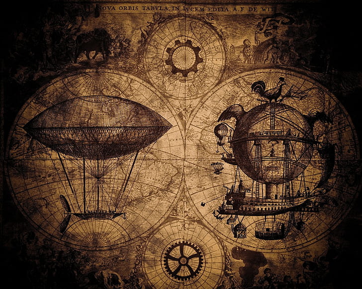 airships, grunge, steampunk, HD wallpaper