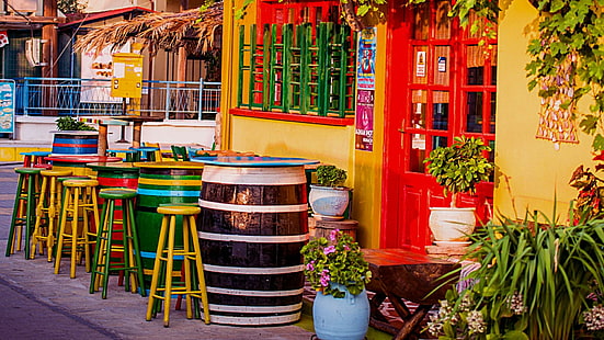 taverne grecque, coloré, europe, grèce, Fond d'écran HD HD wallpaper