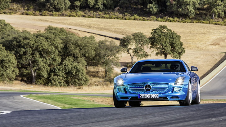 синьо Mercedes-Benz спортно купе, Mercedes SLS, кола, Mercedes-Benz, сини автомобили, превозно средство, HD тапет