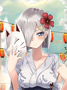 Anime, Anime Girls, Kantai Collection, Hamakaze (KanColle), kurzes Haar, graues Haar, blaue Augen, japanische Kleidung, HD-Hintergrundbild HD wallpaper