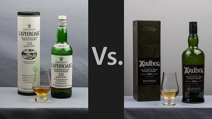 whisky, Ardbeg, alcohol, Laphroaig, bottles, drinking glass, Scotch, dram, HD wallpaper