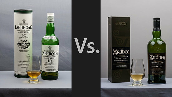 whisky, Ardbeg, alkohol, Laphroaig, butelki, szklanki, szkocka, dram, Tapety HD HD wallpaper