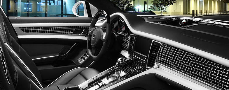 Wnętrze Porsche Panamera Stingray, czarna deska rozdzielcza samochodu, samochody, wnętrza samochodu, porsche, panamera, płaszczka, topcar, wnętrze, Tapety HD HD wallpaper