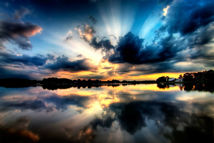 matahari terbenam, refleksi, danau, awan, perairan tenang, Wallpaper HD