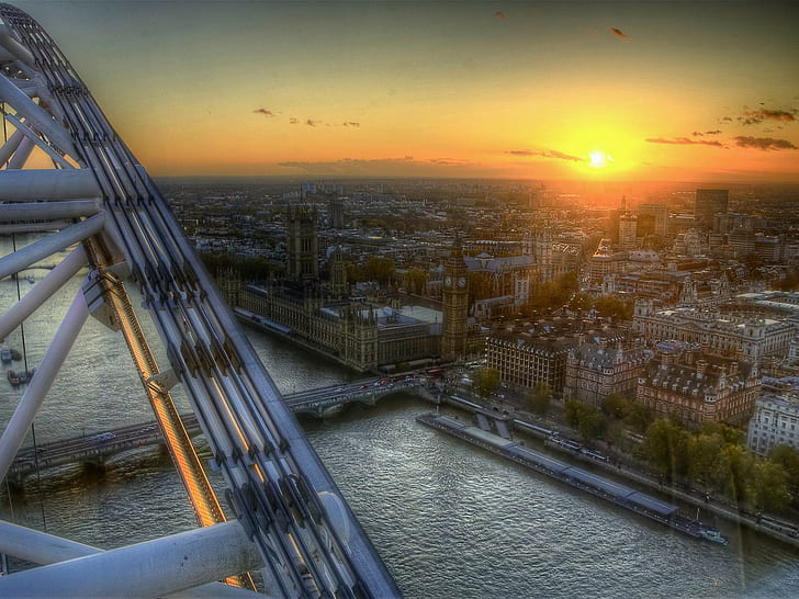 Londra, luce del sole, paesaggio urbano, Big Ben, Tamigi, cielo, Sfondo HD