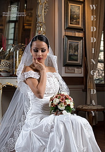 Minko Minkov, mujer, vestido blanco, novias, vestido, flores, ramos, ojos cerrados, Fondo de pantalla HD HD wallpaper