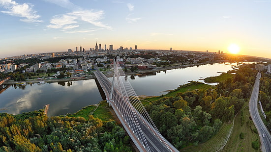 5k, 4k, ponte, Vistola, alberi, Polonia, fiume, tramonto, Varsavia, Sfondo HD HD wallpaper