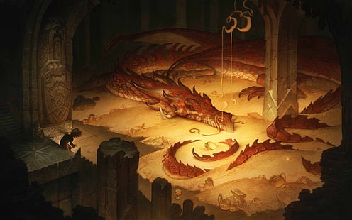 papel de parede digital dragão marrom, O Hobbit, O Hobbit: A Desolação de Smaug, Bilbo Bolseiro, Smaug, ouro, dragão, arte da fantasia, HD papel de parede HD wallpaper
